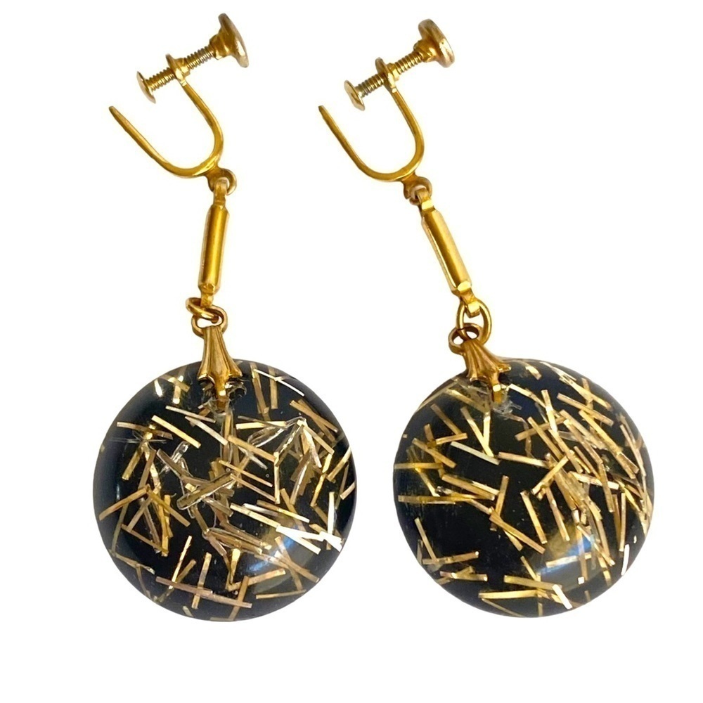 Vintage 1960s Lucite Earrings Clip On Screw Back Drop Black‎ Gold Confetti Disks